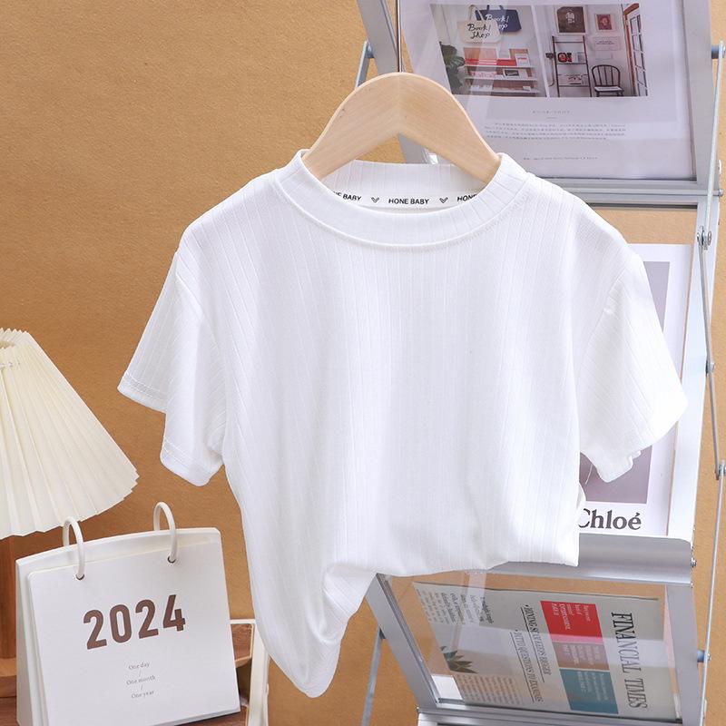 Kids' Summer Ice Silk Short-Sleeve Solid Top: Round Neck, Fashionable and Versatile for Boys and Girls