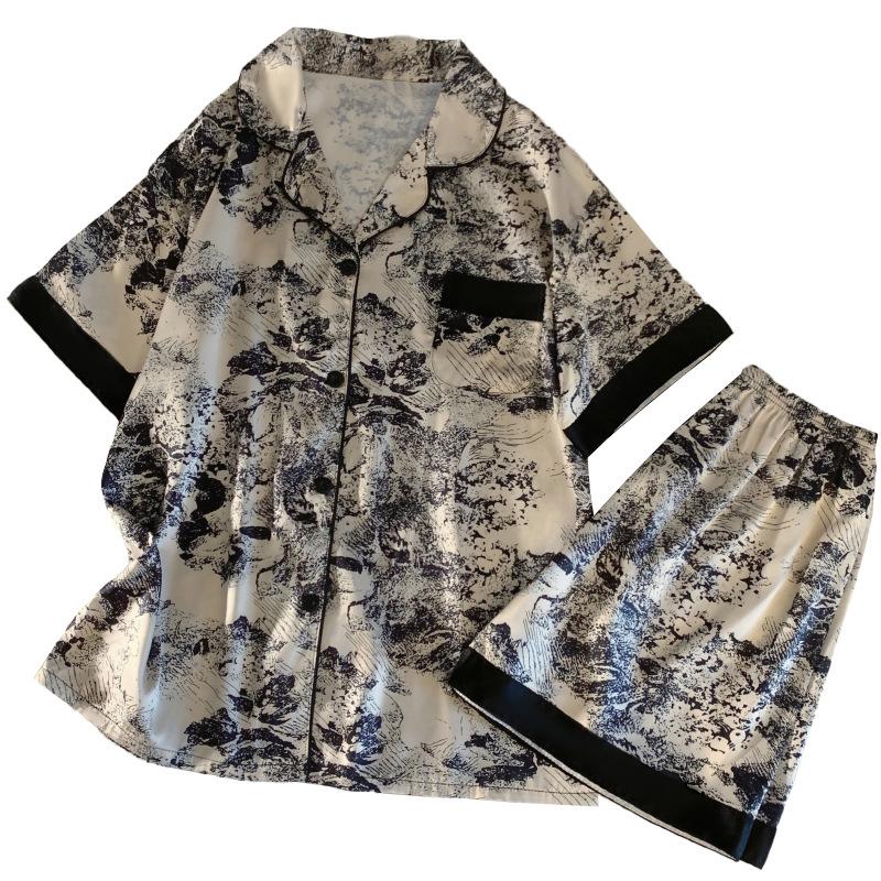 New Chinese Ink Painting Printing Short-Sleeved Shorts Women'S Summer Temperament Style Loungewear Can Be Worn Outside