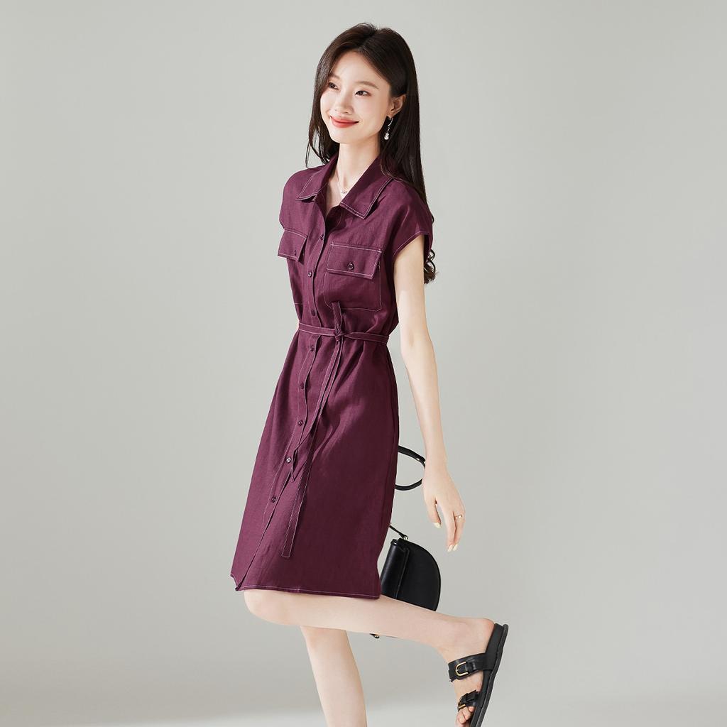 Flip Collar Single Breasted Lace Up Linen Dress