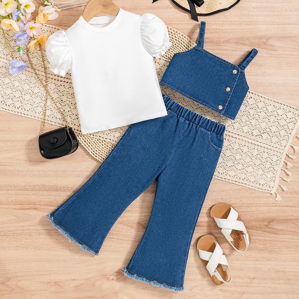 Girls' Fashionable Set Summer Children's Casual Puffed-sleeve Short-sleeved Vest and Denim Trousers Three-piece Set