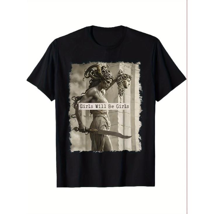 1pc Will Be Feminist Medusa Graphic T-Shirt for Women - Black Casual Short Sleeve Round Neck Tee with Girls Will Be Girls Slogan, Durable Heat S чёрный