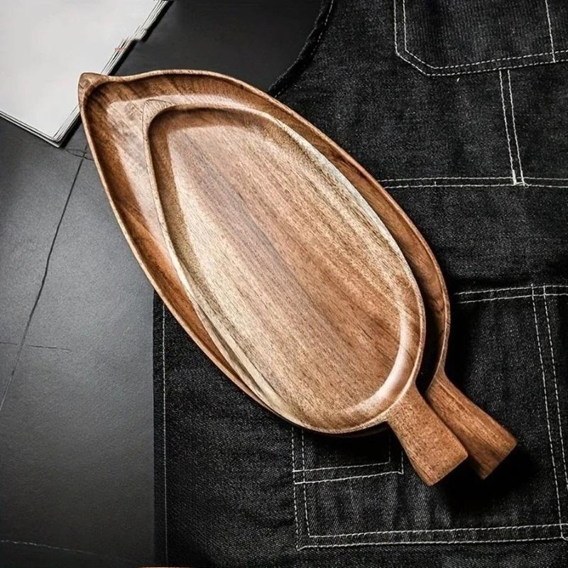 Waterproof Solid Wood Tray Leaf Shaped for Steak Sushi Grilled Meat Pizza Afternoon Tea Tableware Commercial Use