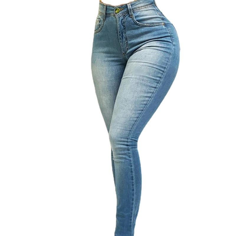 

Женские джинсы однотонные с высокой талией, эластичные, облегающие, леггинсы-джинсы, уличные, формирующие фигуру XS светло-синий