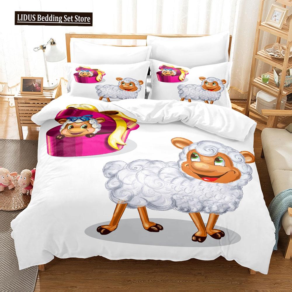 Cartoon Goat Duvet Cover Set Cute Kawaii White Goat White Background King Queen Size For Girls Boys Gift Polyester Bedding Set