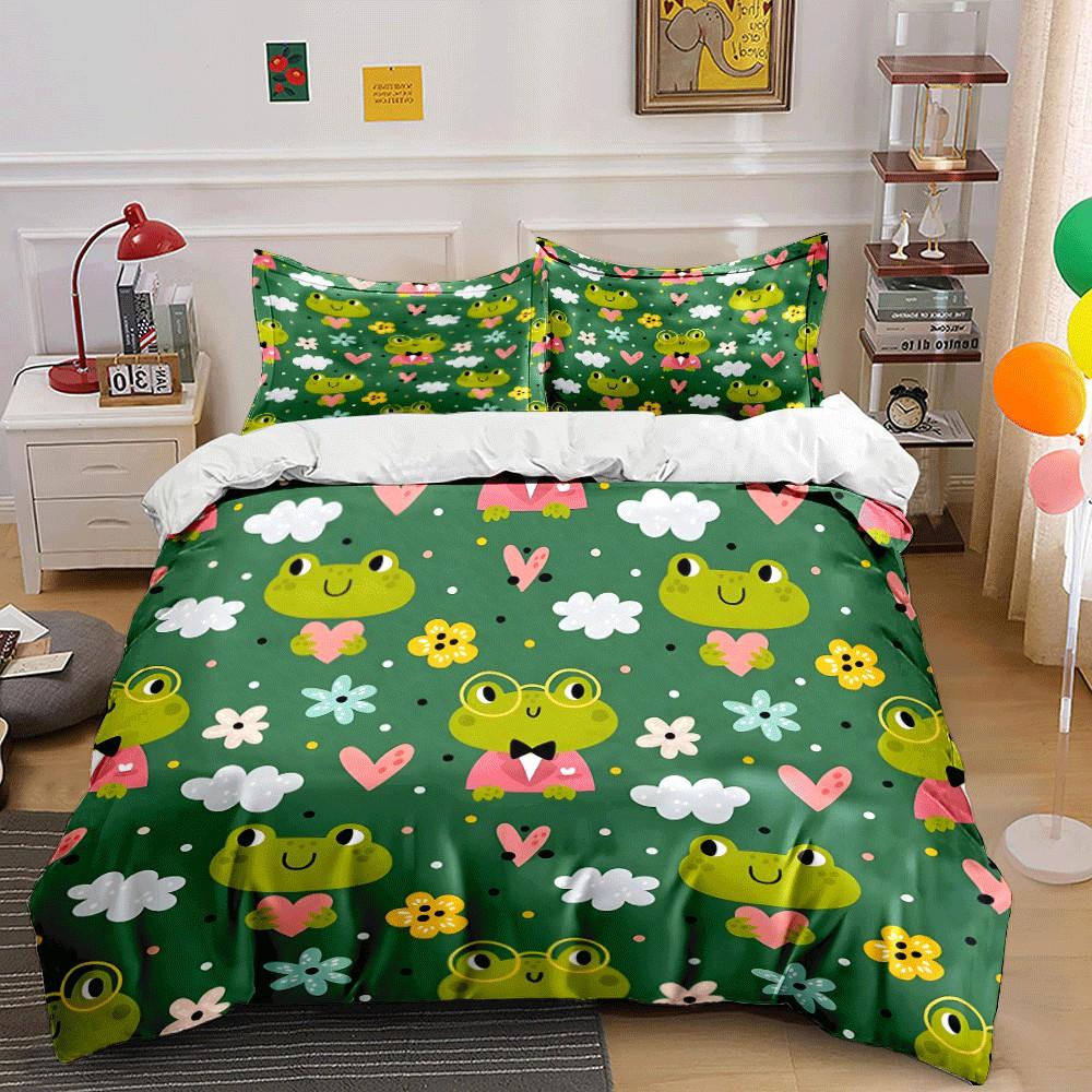 Cute Frog-Themed Pattern Set Exquisite Three-piece Bedding Set Gift for Kids and Adults