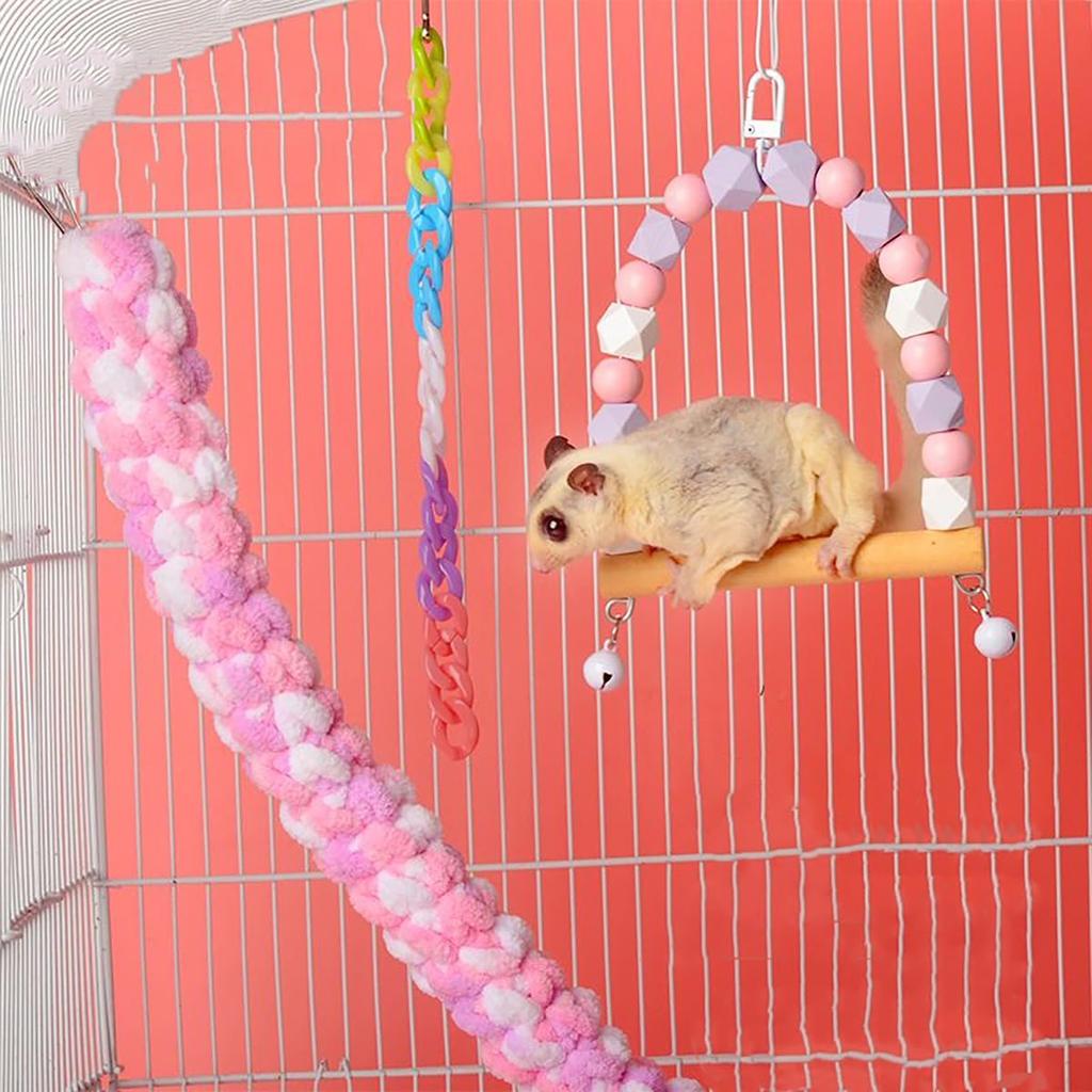 Sugar Squirrel Toy Small Animal Rope Hanging and Sugar Squirrel Claw Sharpener 3-Piece Set Rope, Playground, Swing, Toy, (Pink)