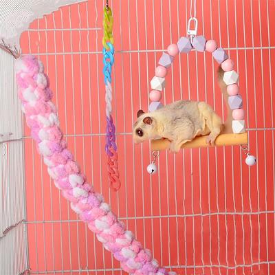Sugar Squirrel Toy Small Animal Rope Hanging and Sugar Squirrel Claw Sharpener 3-Piece Set Rope, Playground, Swing, Toy, (Pink)