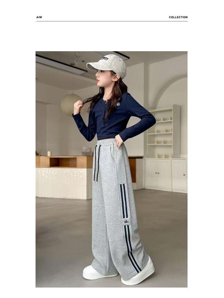 Dziewczęce Spodnie Dresowe Sportowe z Prostymi Nogawkami - Jesień/Zima, Pluszowe, Chłodny Luźny Krój dla Dużych Dziewczynek