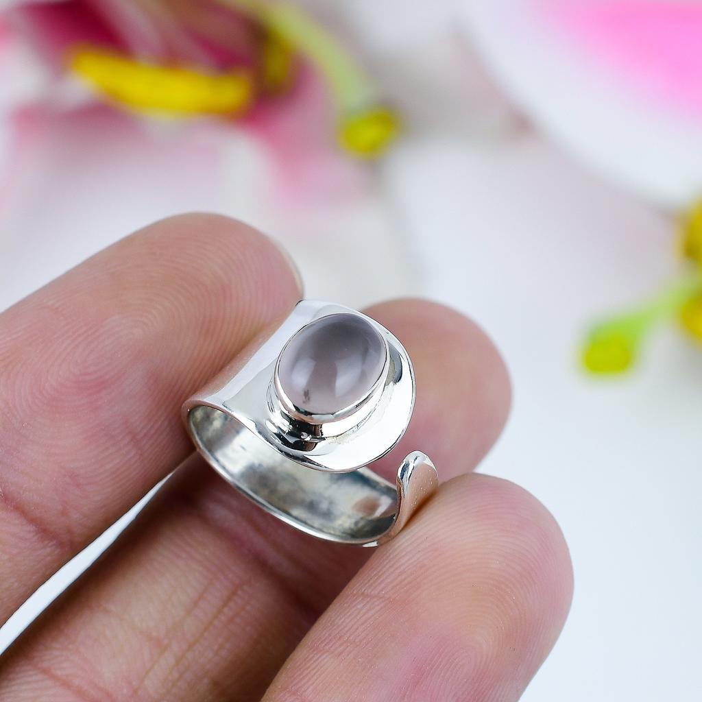 Naturstein Rosenkvarts Edelstein 925 Solid Sterling Sølv Smykker Ring S.8.5 a6R06