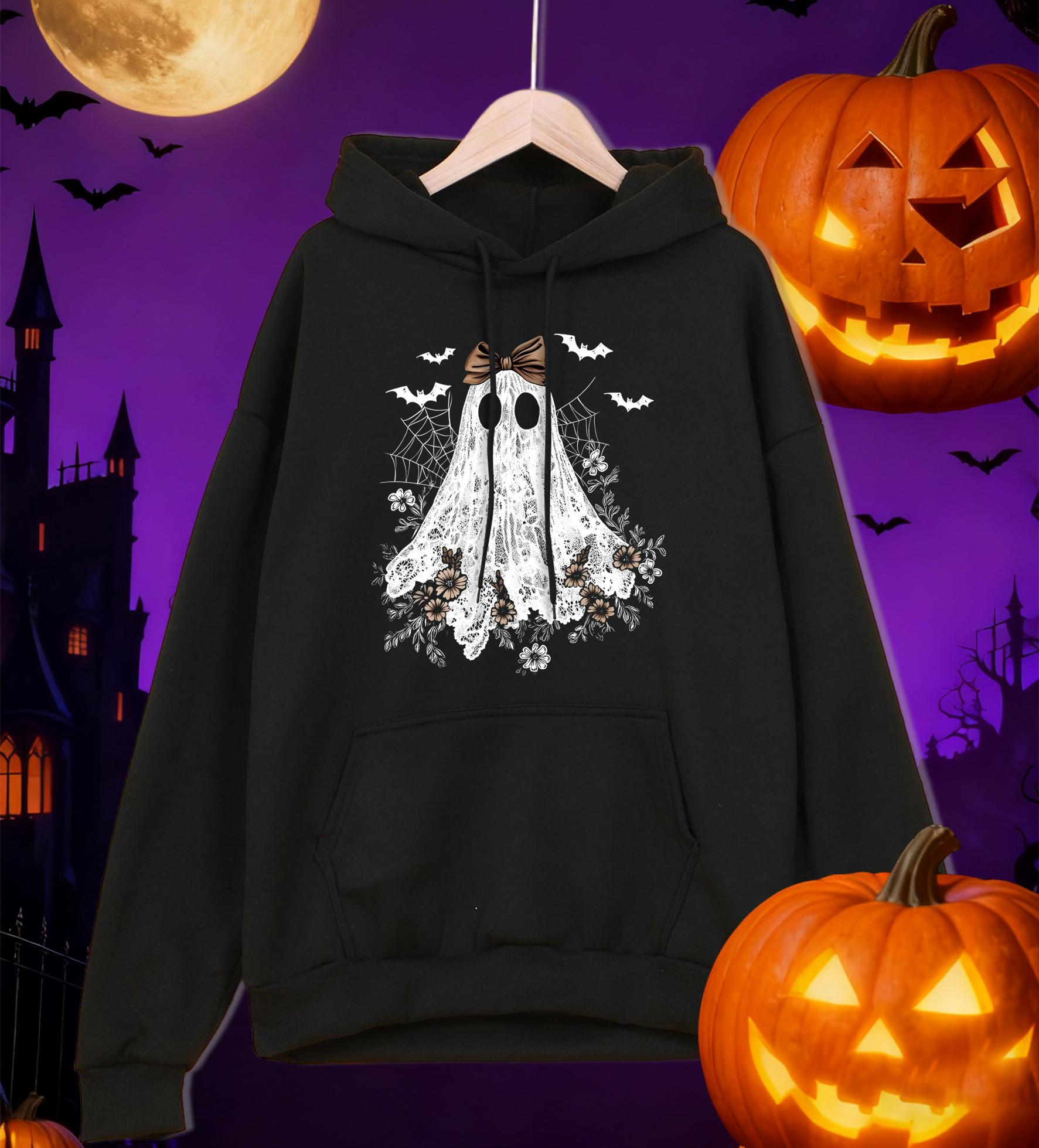 

Happy Halloween Flowers Ghost Pattern Men Hoodies Hip Hop Pocket Hoody Street Autumn Sportswears Fleece All-Match Man Clothes 3XL