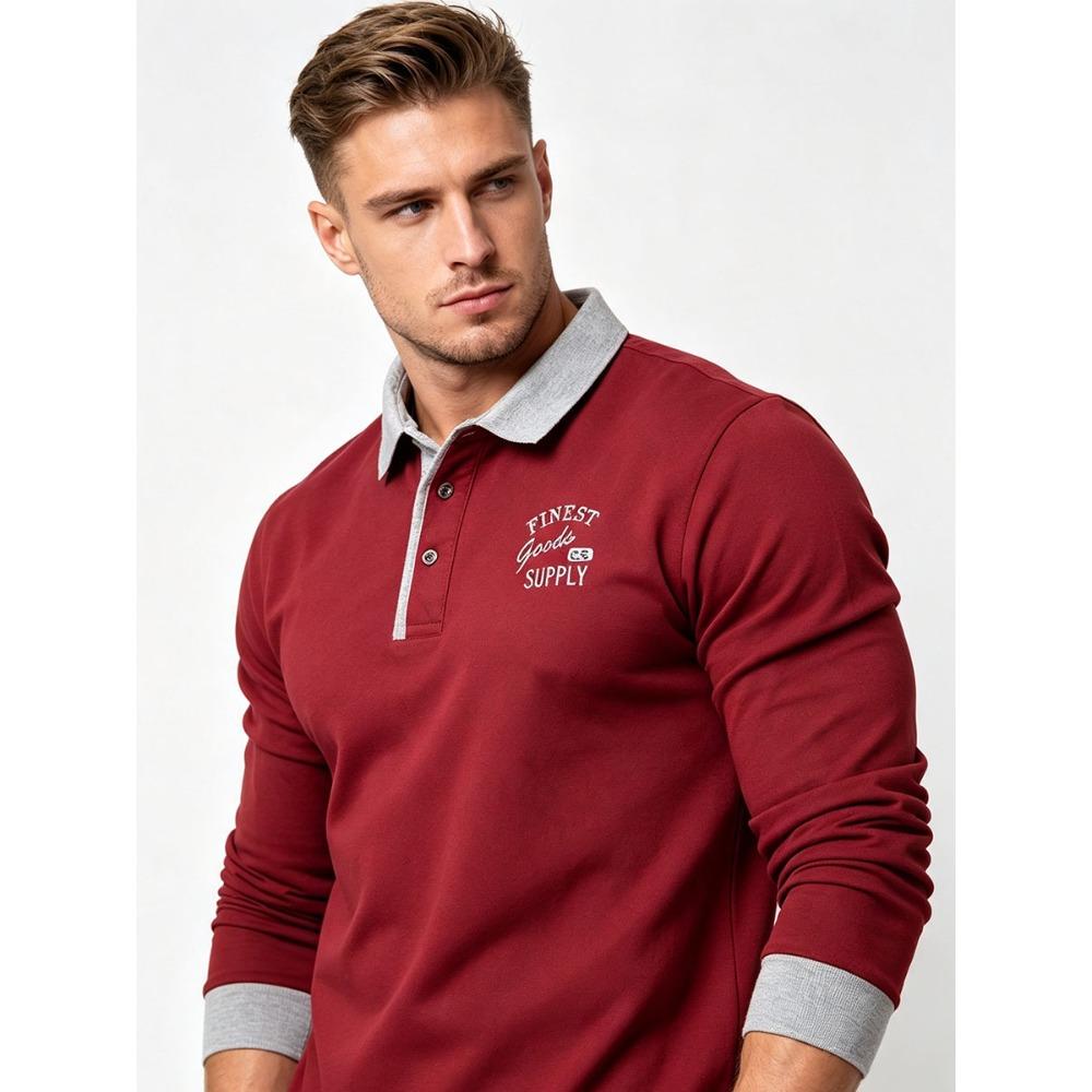 Men's Retro Color Block Long Sleeve Polo – Soft Touch Jersey Shirt with Contrast Cuffs & Vintage Logo – Smart Casual Business Wear