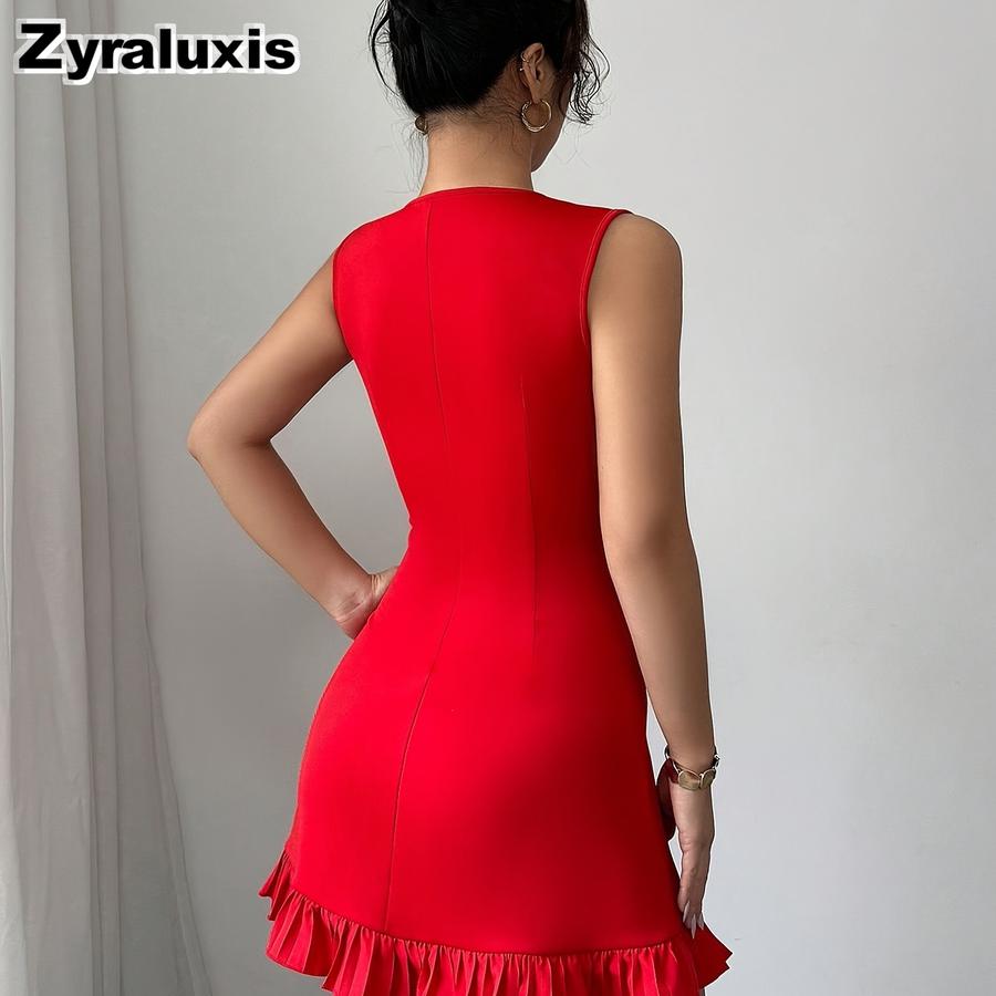 Women s Bowknot Lace-Up Cutout Sleeveless Slim Fit Ruffled Hem Patchwork Mini Dress S