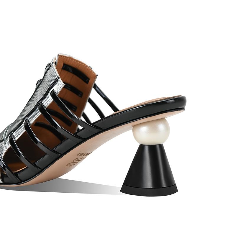 Fashion Women's New Spring/Summer Pointed Leather Printed Cowhide Comfortable and Sexy High Heel Baotou Muller Slippers