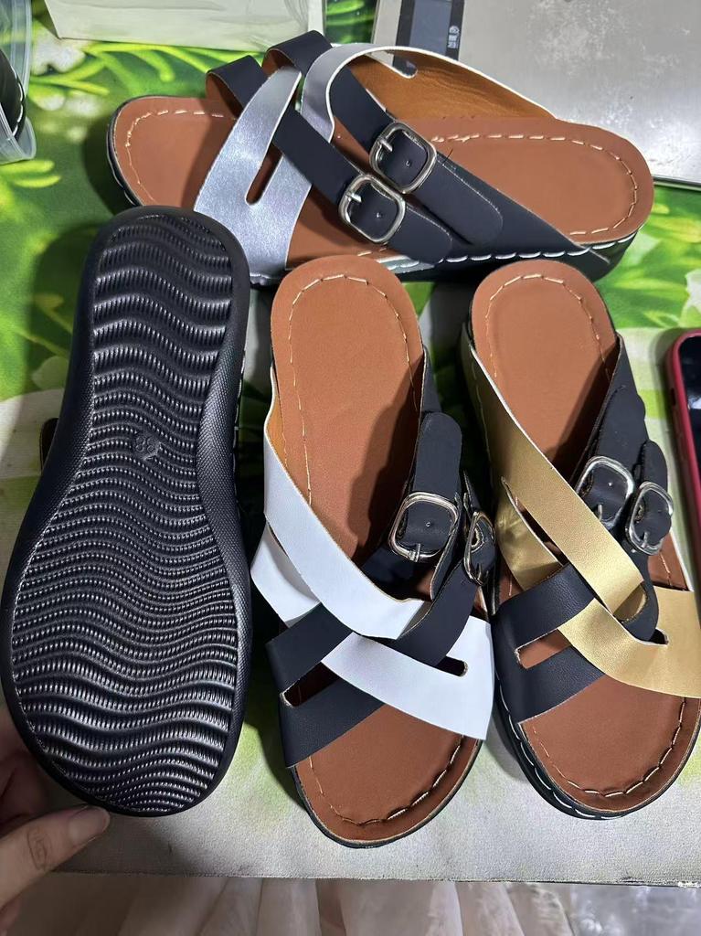2025 Summer Women's Wedge Flip Flops: Cross Strap, Leather Buckle, Thick Sole, Color Block Sandals, Large Size