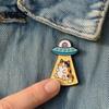 UFO Cat Brooch Enamel Metal Brooch, Aliens Ship Kitten Badge Pin, Animal Theme Clothing Bag Scarves Hat Accessories for Men Women Alloy
