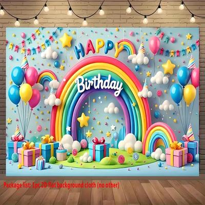 2D Pastel Rainbow Birthday Backdrop Banner Bright Colorful Kids Happy Birthday Party Decor Background