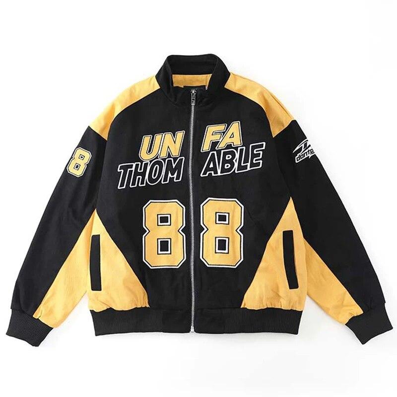 

Vintage Letter Printing Embroidery Men Motorcycle Jacket Colored Standing Collar Casual Fashion Coat Couple Streetwear Oversized