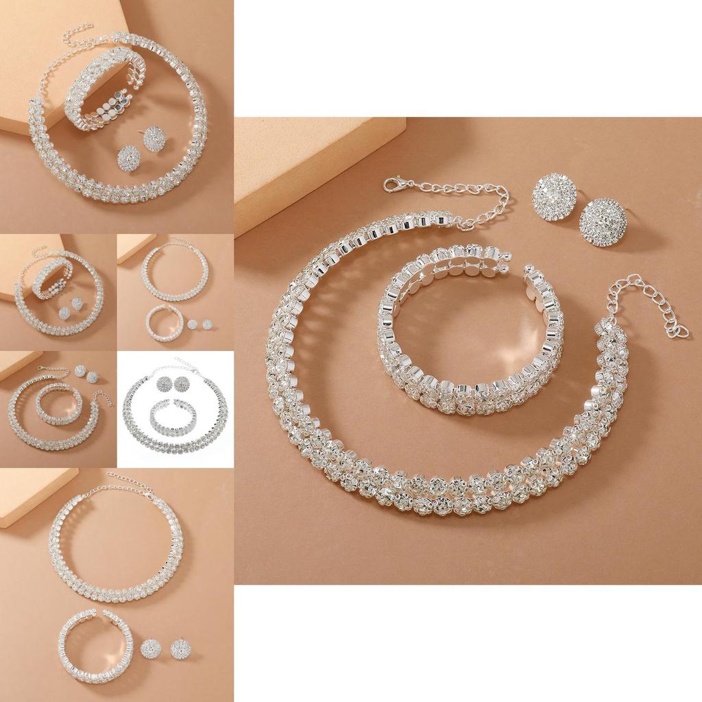 Double Layer Bridal Jewelry Set With Water Diamonds Pendant And Bracelet For Women