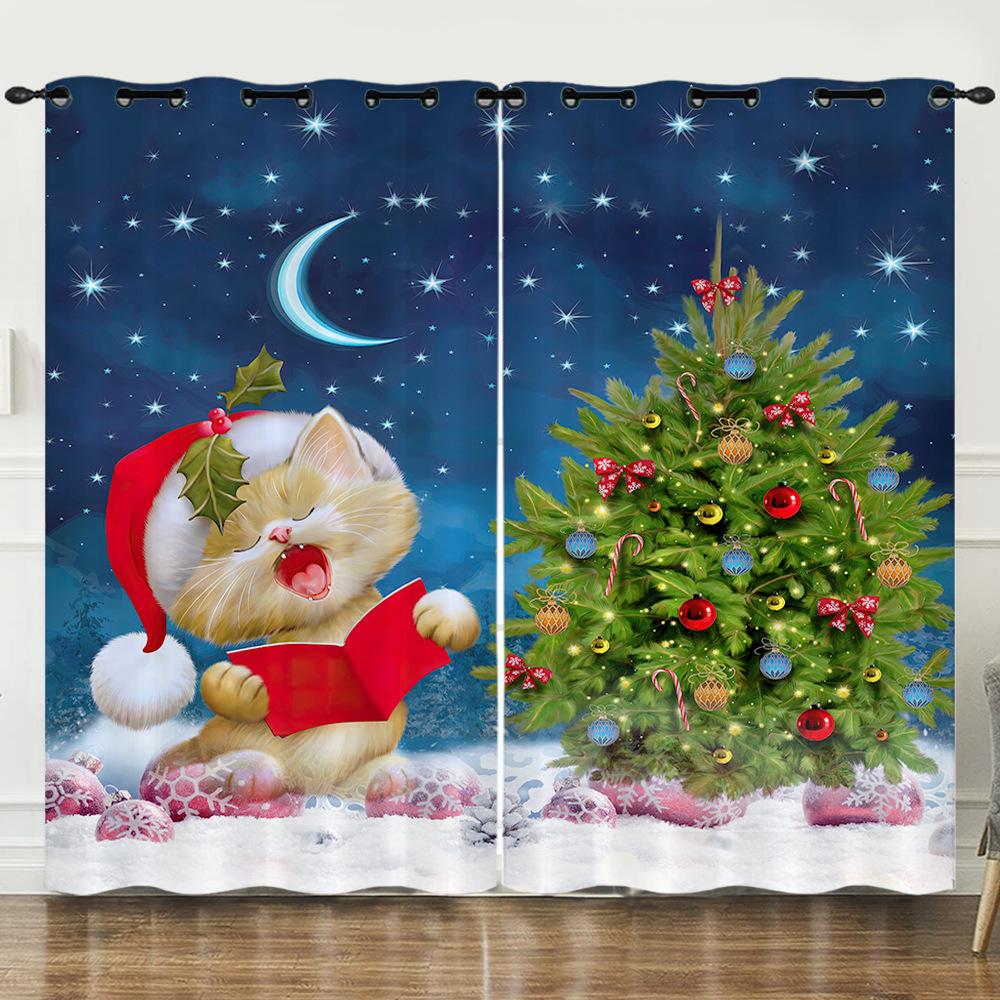 Christmas Day Curtains Blues Bedroom Sunshade Blackout Curtain No Punching