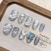 Handmade Mermaid Tail Press-On Nails Short Almond Shape Blue Ocean Design Women Girls