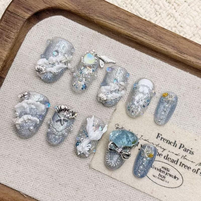 Handmade Mermaid Tail Press-On Nails Short Almond Shape Blue Ocean Design Women Girls