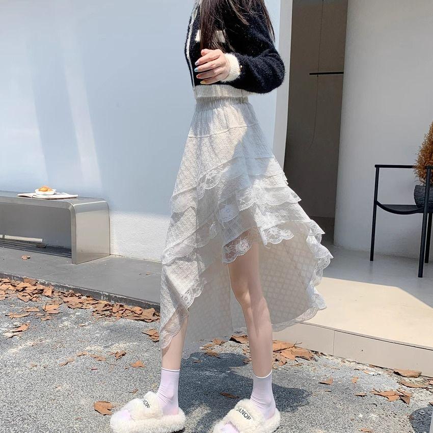 White Lace High-Waist Midi Skirt for Women - Early Autumn Asymmetric Tiered Cake Skirt with Ruffle Details & Design Sense