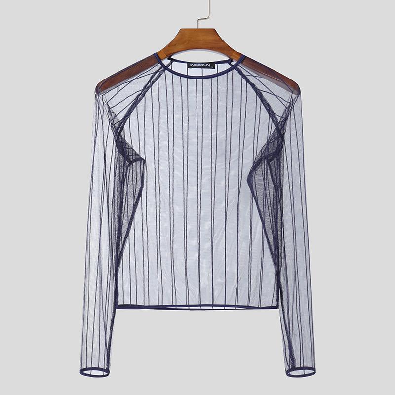 INCERUN Men Long Sleeve Mesh See Through Skinny T-shirts Partywear Clubwear