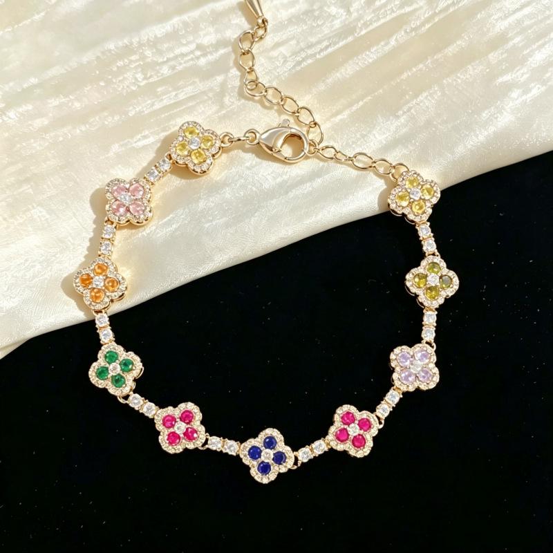 Bracelet Quadrifoglio Diamant Zircon Multicolore Rétro - Bracelet Ajustable pour Femme Luxe Léger