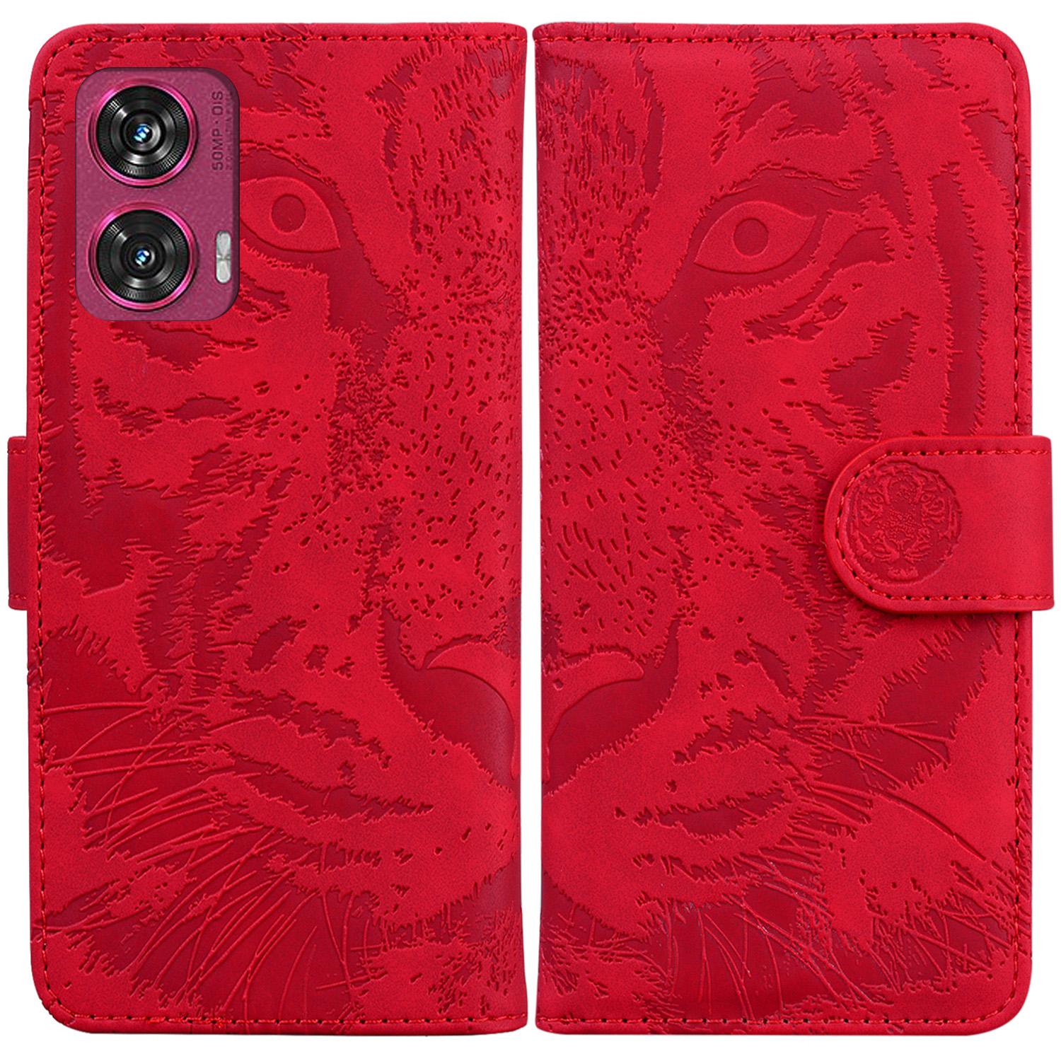 

For Motorola Edge 50 Fusion 5G Wallet Case Tiger Imprint PU Leather Flip Phone Cover Red