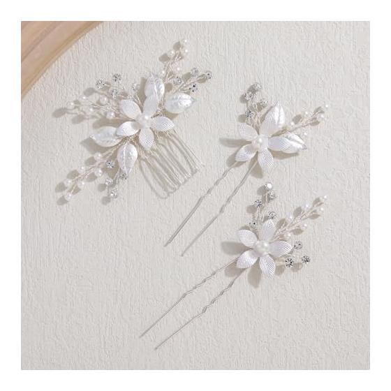 Elegant Leaf & Flower Hair Accessory Set with Pearls and Crystals - Bridal Wedding Headpiece, Kimono/Yukata Hairpin, Party Hair Comb & U-Pins
