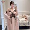New Spring and Summer Long-sleeved Two-piece Nightdress with Chest Pad, Ice and Snow Silk, Sexy Lace, Court Style, Pure Desire Pajamas Are Popular.