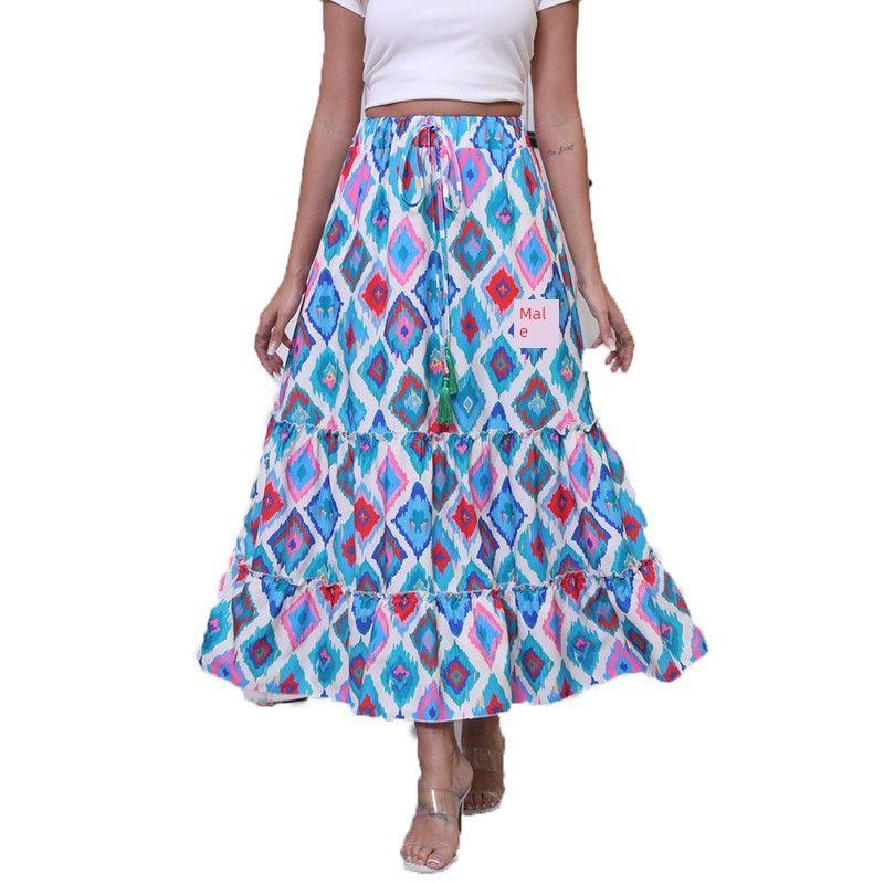 

Bohemia Spring and Summer New Arrival Fashion Printing a Words Ruffles High Waist Cover Slim Looking Big Hem Skirt Long Dress Blue L