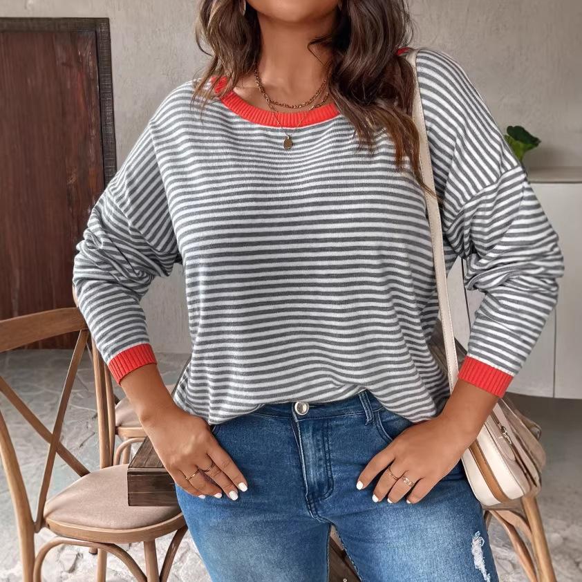 2026 European and American autumn women's striped t-shirt large size top casual sweater
