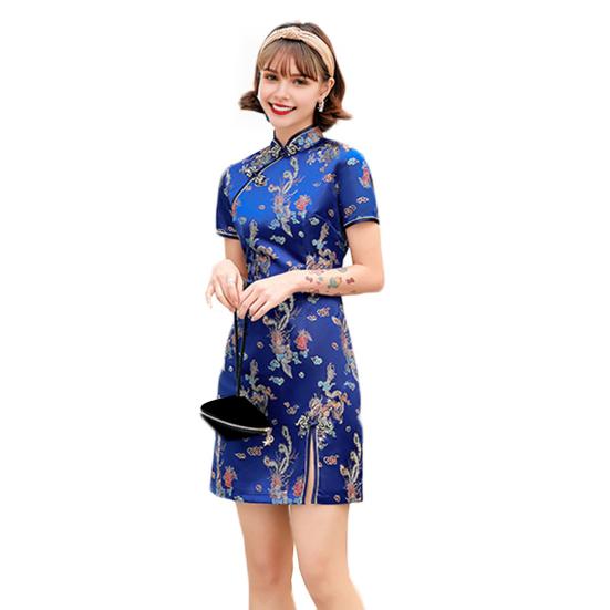 Damen Sommer Cheongsam Stehkragen Drache Phönix Print Geteilter Saum Qipao Slim Fit Retro Chinesischer Stil Über Knie Länge Hochzeit Party Cocktailkleid