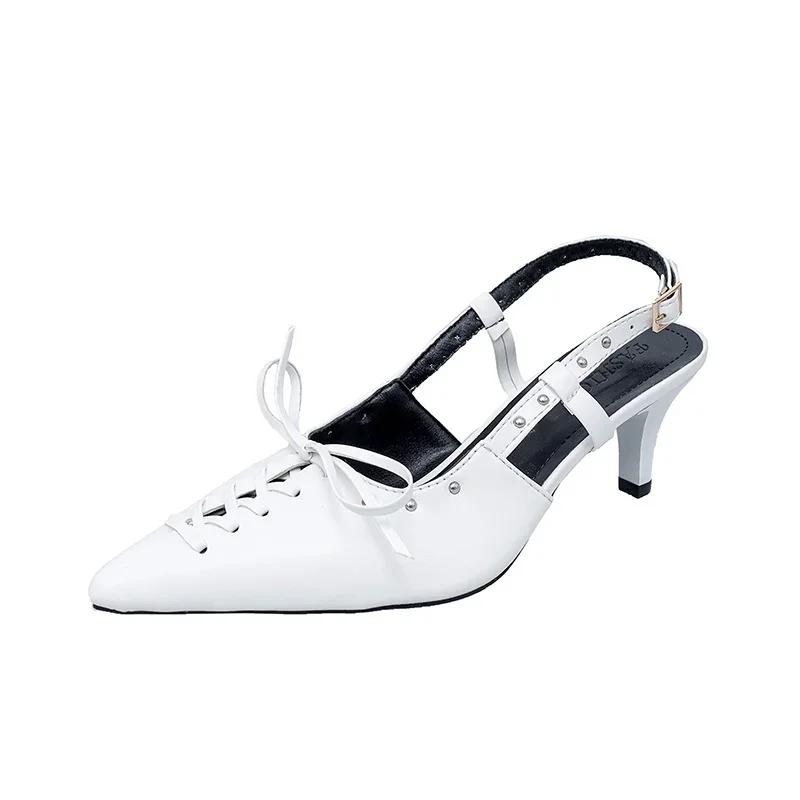 

мода 2024 Туфли для женщин Слингбэки Женские туфли на высоком каблуке Элегантные туфли-лодочки Женские Заклепки Крест-накрест Острый носок Тонкий каблук Сандалии 40 белый