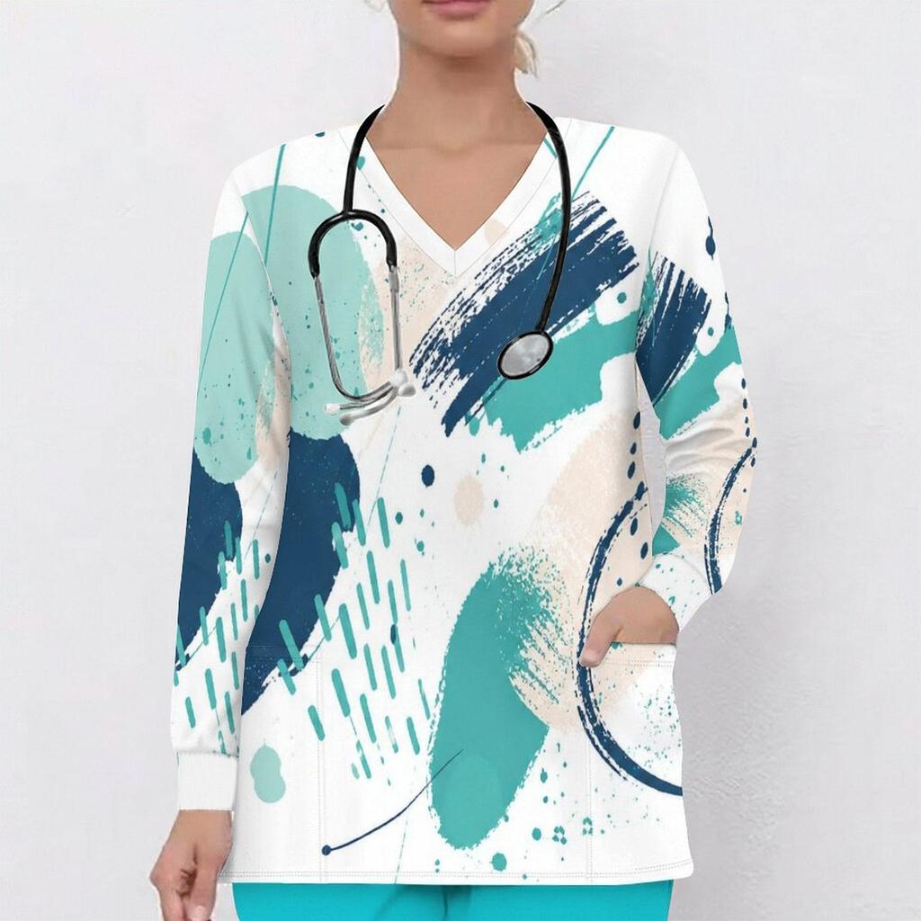 Women Plus Size Scrub Top V Neck Long Sleeve Abstract Botanical Print Front Pockets Medical Work Top
