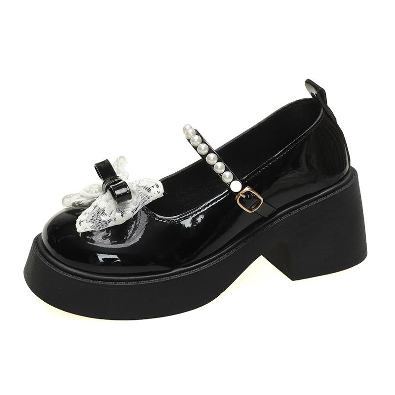 Mary Jane Shoes Women's 2025 Spring and Summer New Pearl Bow Girl Single Shoes Thick Heel Small Leather Shoes