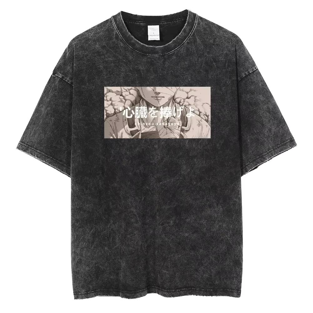 Summer Hot Sale Anime Attack On Titan Eren Jaeger Print Washed T-shirts Men Women Casual Retro Cotton T Shirt Hip Hop Streetwear Oversized T-shirt