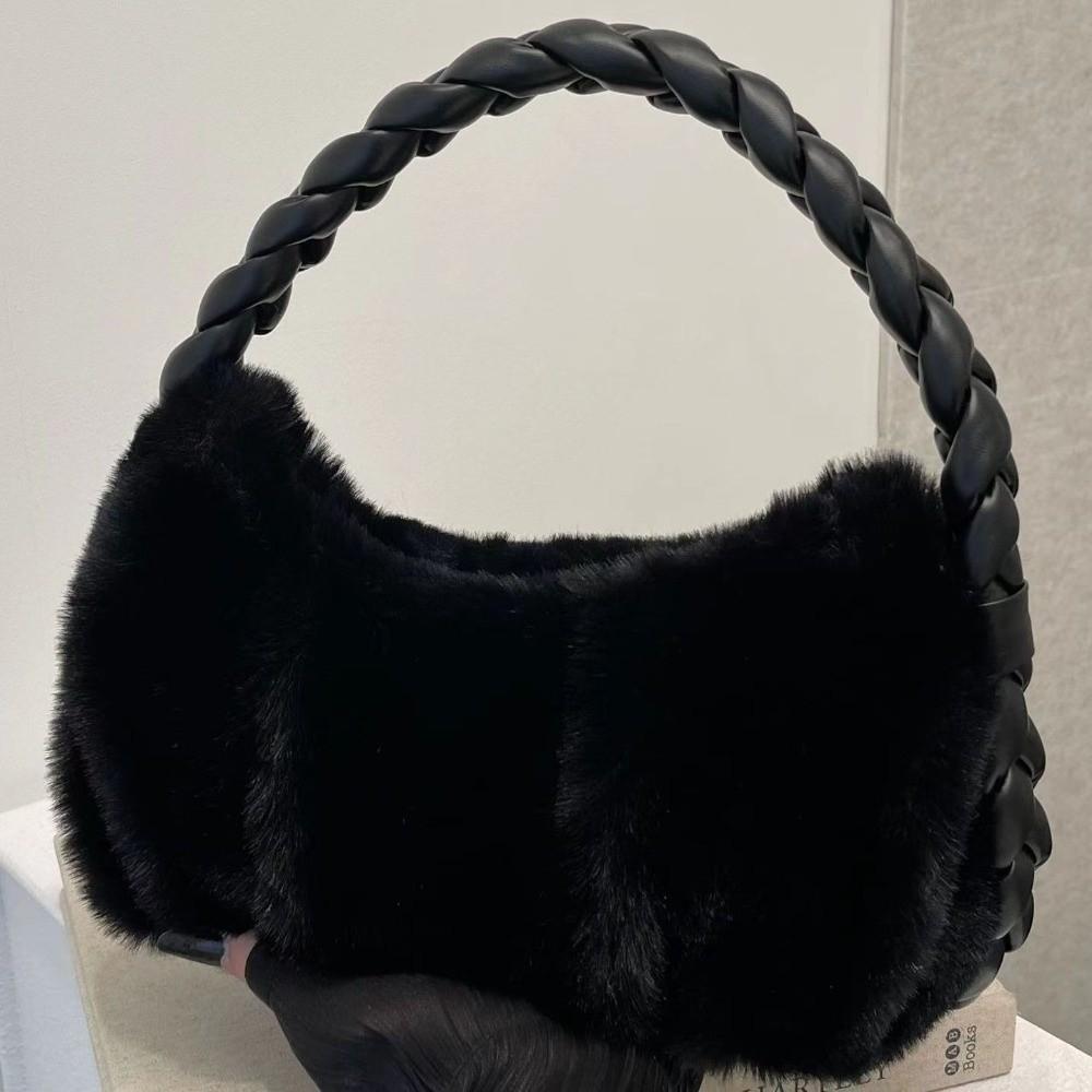 Luxury Furry Shoulder Bag Solid Color Soft Handbag Zipper Fluffy Clutch Bag