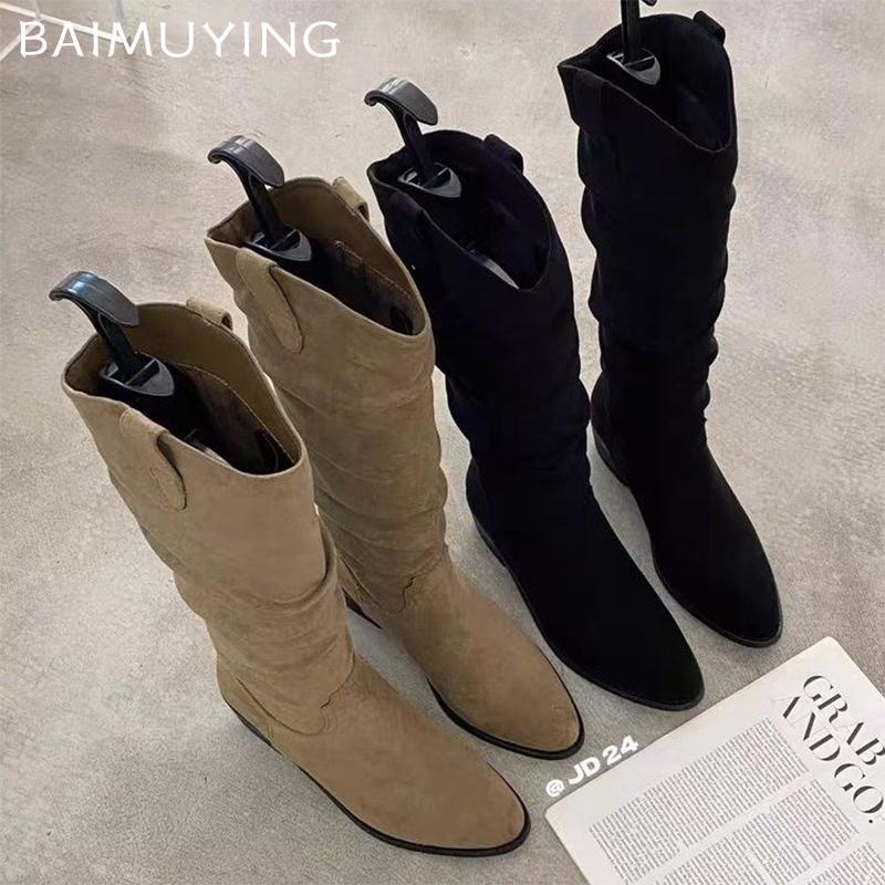 Pointed Toe Women High Boots Suede Winter Mid Heels Designer Shoes 2025 Trend Chunky Pumps Knee High Classic Chelsea Botas Mujer
