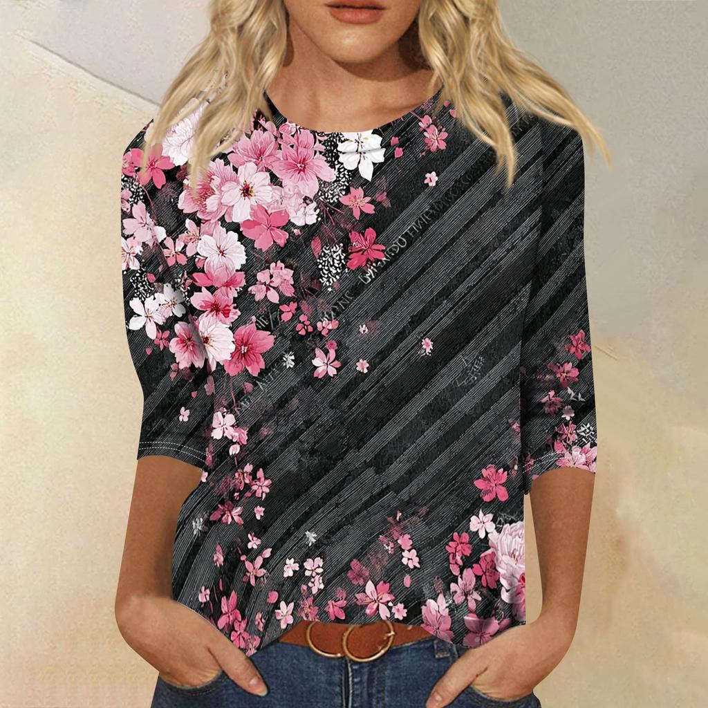 Women's Casual Floral Print Three Quarter Sleeve Round Neck Top Lightweight Comfortable Fit for Everyday Wear