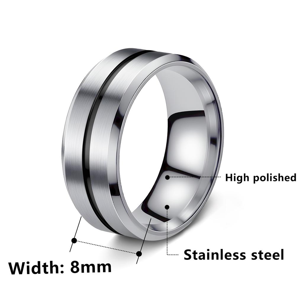 Fashionable 8mm Men's Black Stainless Steel Wedding Ring with Black Groove Beveled Engagement Ring, Suitable for Men's Valentine