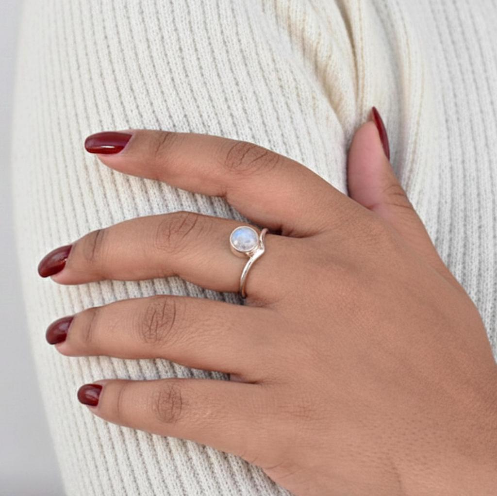 Regenbogenmondstein Runder Statement-Ring, 925 Sterlingsilber, Boho Minimalistischer Ring für Damen
