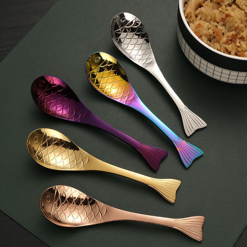 304 Stainless Steel Spoon Spoon Creative Fish-Shaped Cartoon Fish Spoon Dessert Spoon Rice Spoon Gold-Plated Stirring Spoons