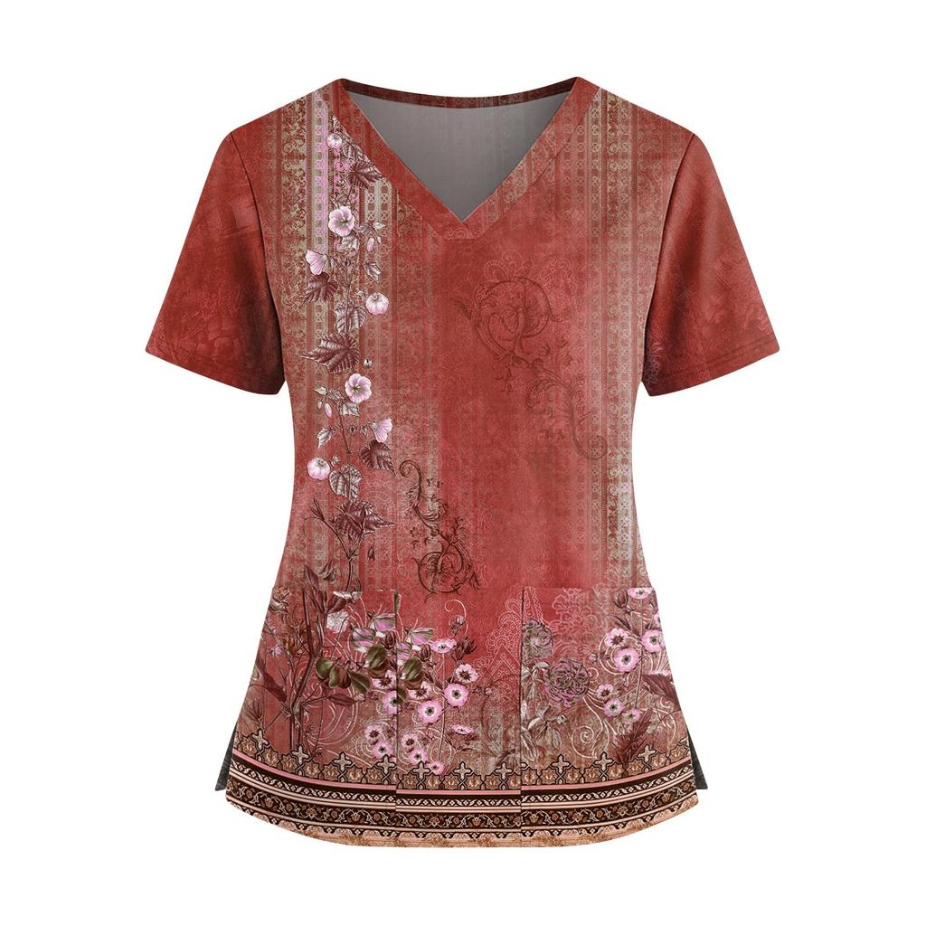 Damen Modisches Bedrucktes V-Ausschnitt Doppelpattentaschen Kurzarmhemd Mit Schlitzsaum Uniform- und Arbeiter-Oberteil