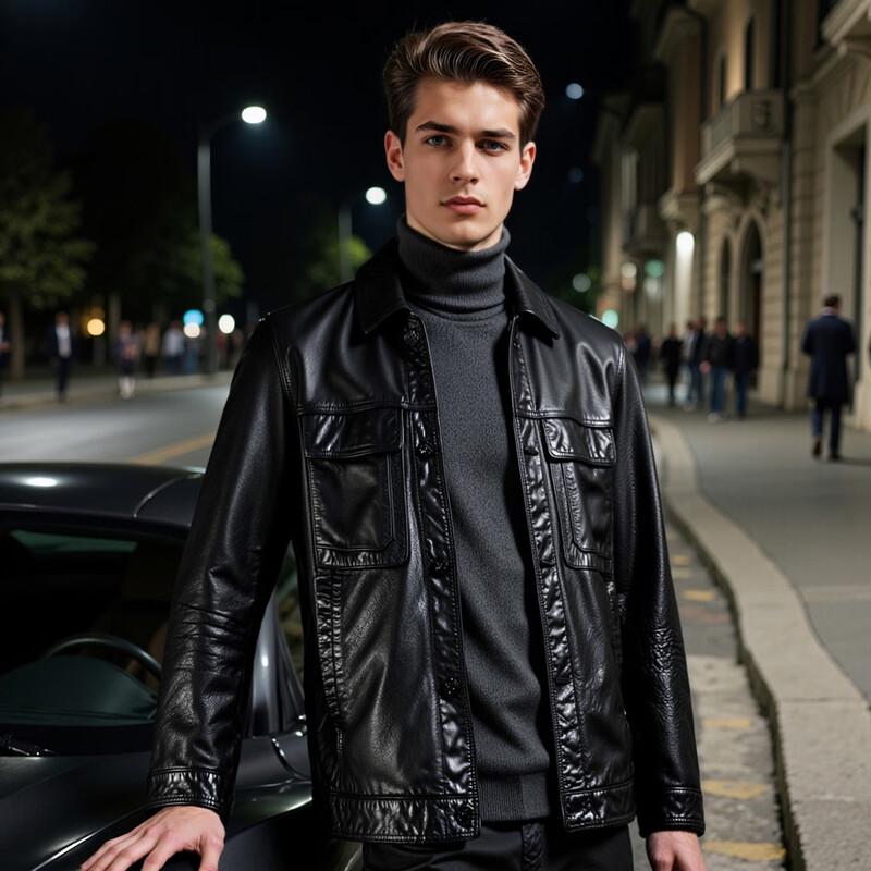 Futing Men's Biker Style Lapel Leather Jacket