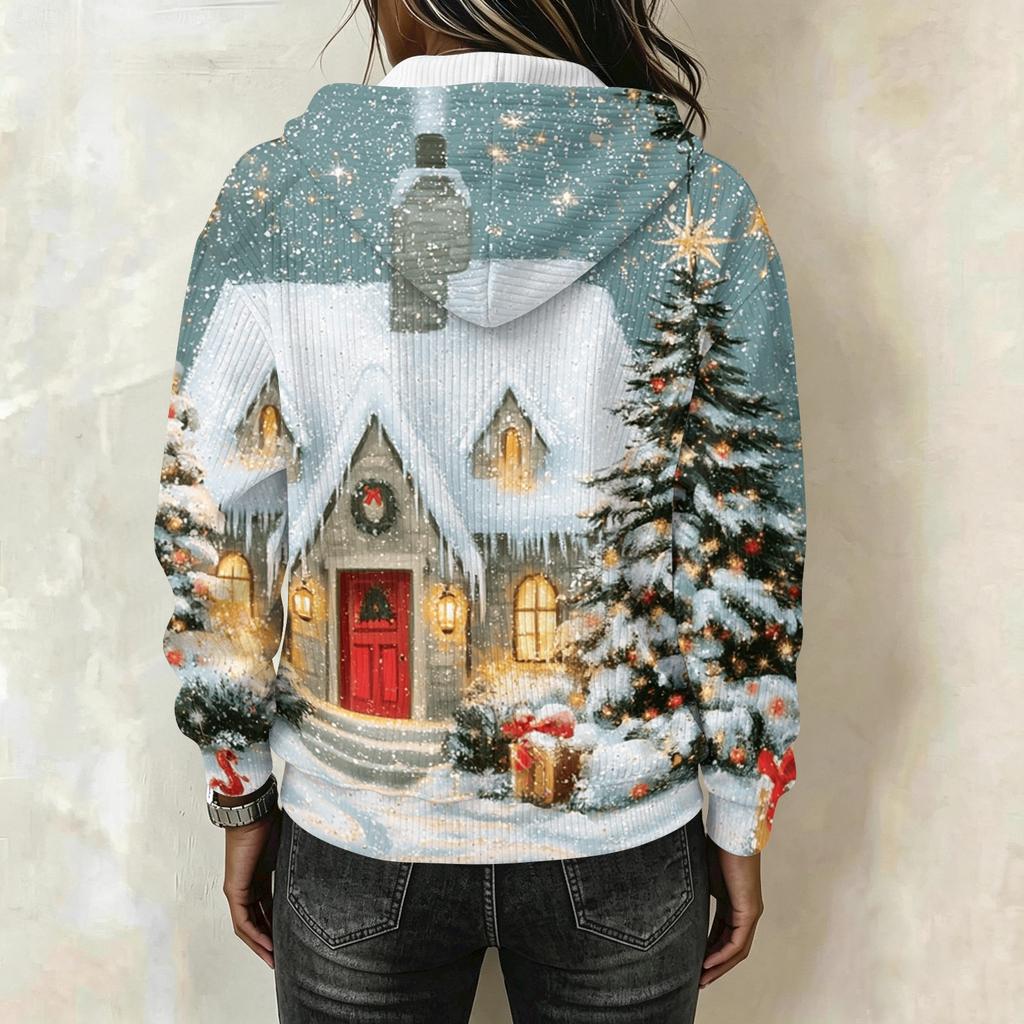 Women's Fashion Christmas Print Long Sleeve Hooded Pullover Sweatshirt Top
