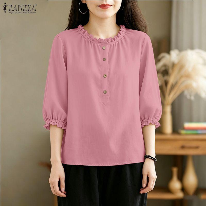 ZANZEA Women Casual Round Neck Solid Color 3/4 Sleeve Loose Blouse