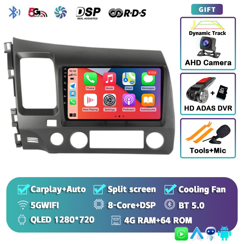 Android 14 Carplay WIFI+4G Car Radio For Honda Civic 8 2005-2012 Multimedia Video Player Navigation GPS Audio Stereo 2 Din DVD
