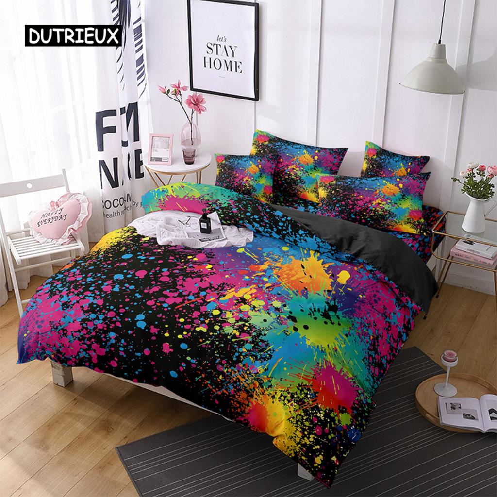 Set Copripiumino Acquerello Nero Multicolore Stampa Disegnata a Mano Biancheria da Letto Matrimoniale Microfibra Motivo Astratto Copripiumino